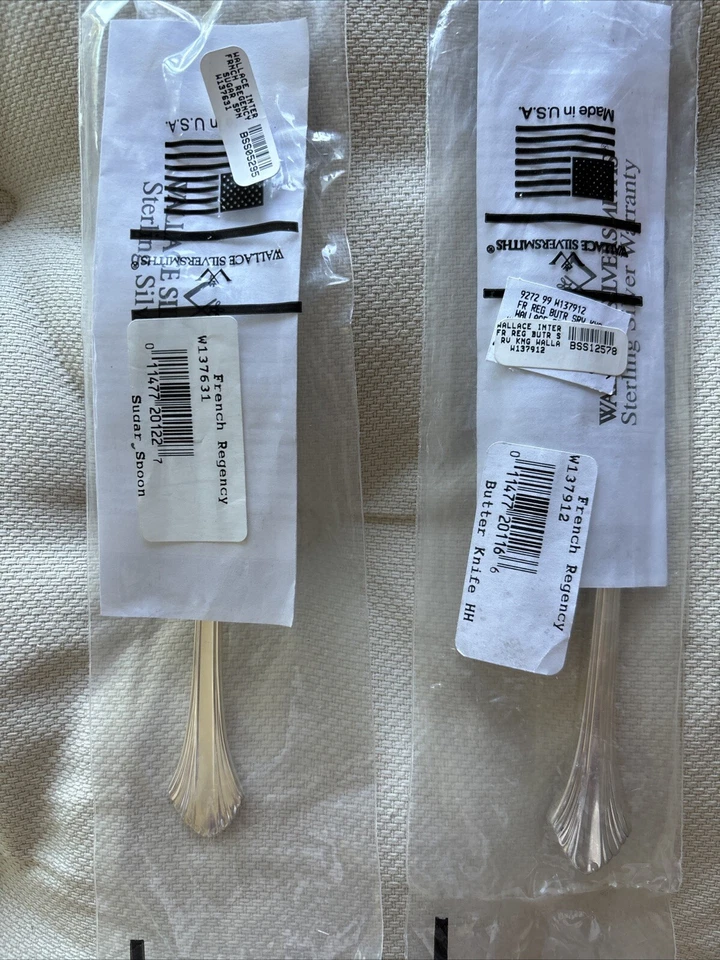 Nuevos cubiertos Wallace French Regency de plata esterlina cuchara de azúcar y cuchillo de mantequilla Foto 2 de 4