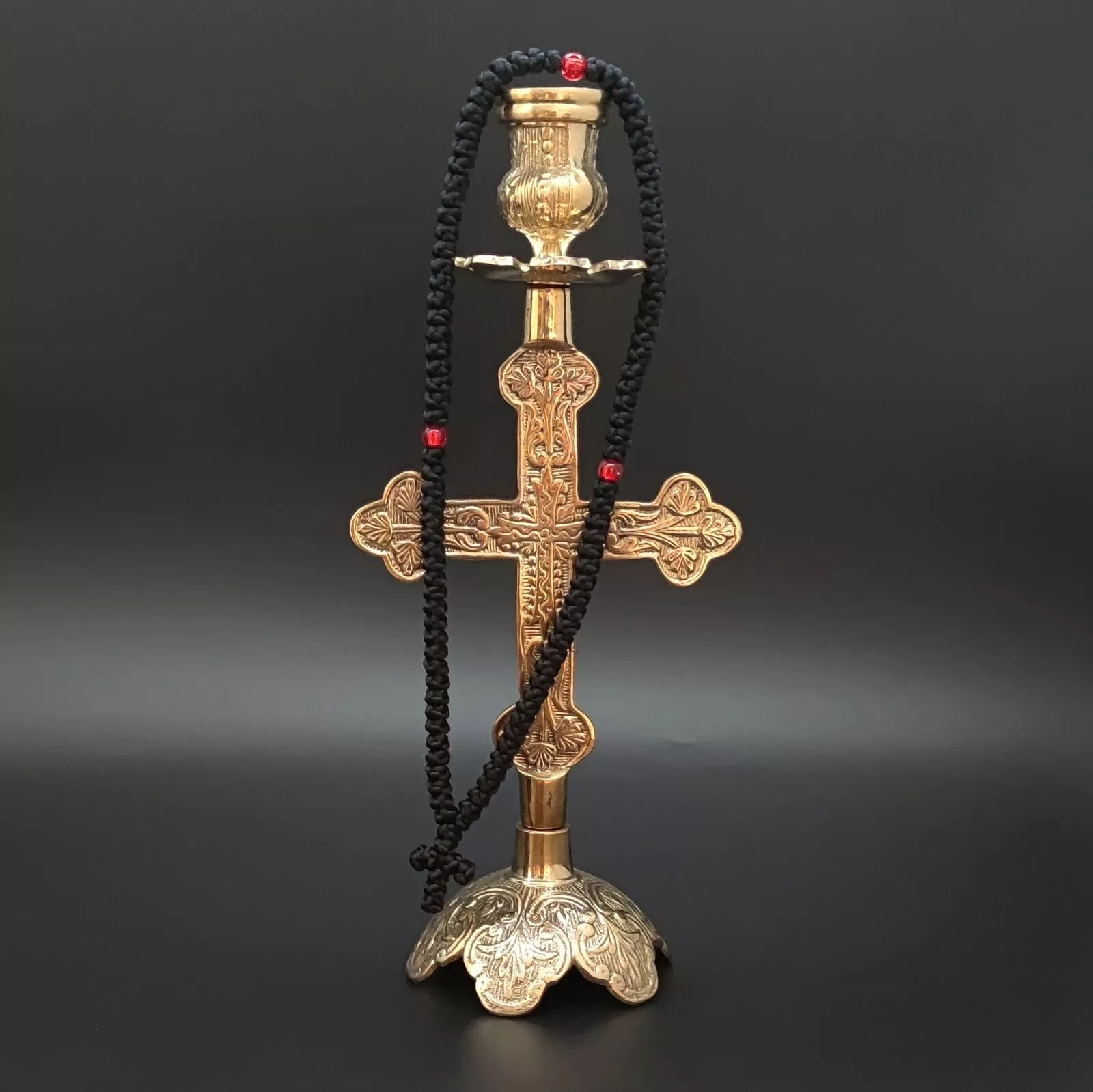 Image of Brass Candle Holder Cross + Prayer Rope