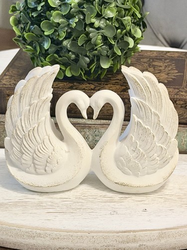 White Swans Figurine W/ Gold Accents Vintage Heart Shaped Swan Decor White Gold