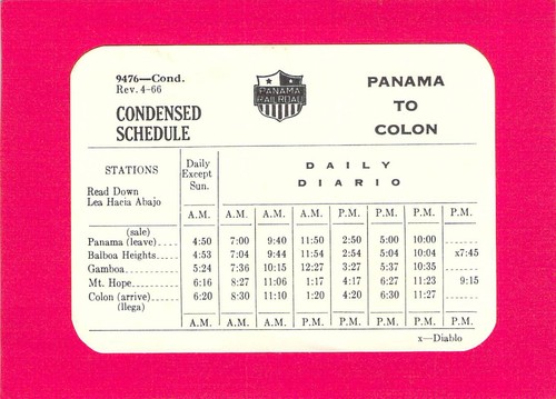PANAMA COLON RAILWAY RR RY RAILROAD PASS IT ON TIME TABLE
