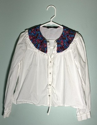 Zara white button down blouse with colorful floral collar