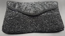 Vintage Walborg Black Beaded Clutch Evening Bag Wave Pattern Satin Lined Glam