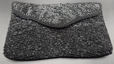 Vintage Walborg Black Beaded Clutch Evening Bag Wave Pattern Satin Lined Glam