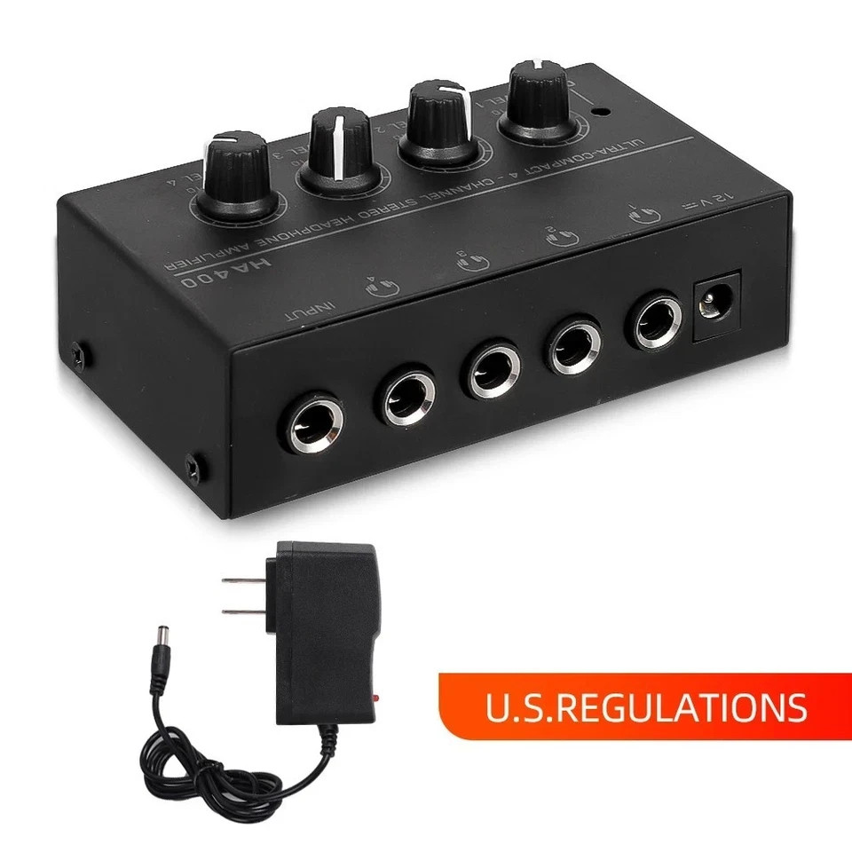 HA400 Mini Headphone Amplifier 4 Channel Stereo Audio Amp with Power Adapter