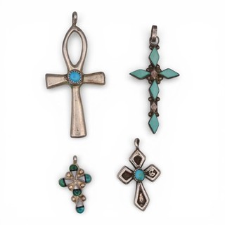 4 VINTAGE SOUTHWESTERN TURQUOISE MOP ONYX CROSS PENDANT LOT STERLING SILVER