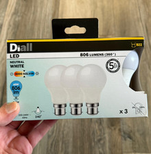 Diall B22 LED Light Bulbs Pack of 3 Neutral White 4000K 7.3W 806lm A60 60W Equiv