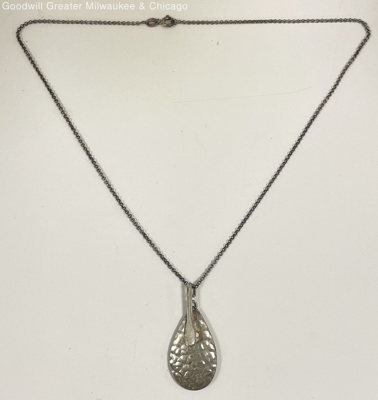 925 Sterling Hammered Teardrop Pendant Rolo Chain Necklace 6.1g