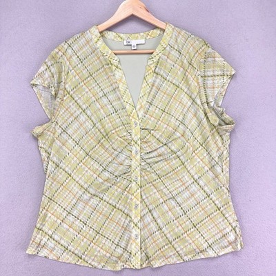DR2 Blouse Womens XXL Yellow Green Plaid Short Sleeve Y2K V-Neck Button Up