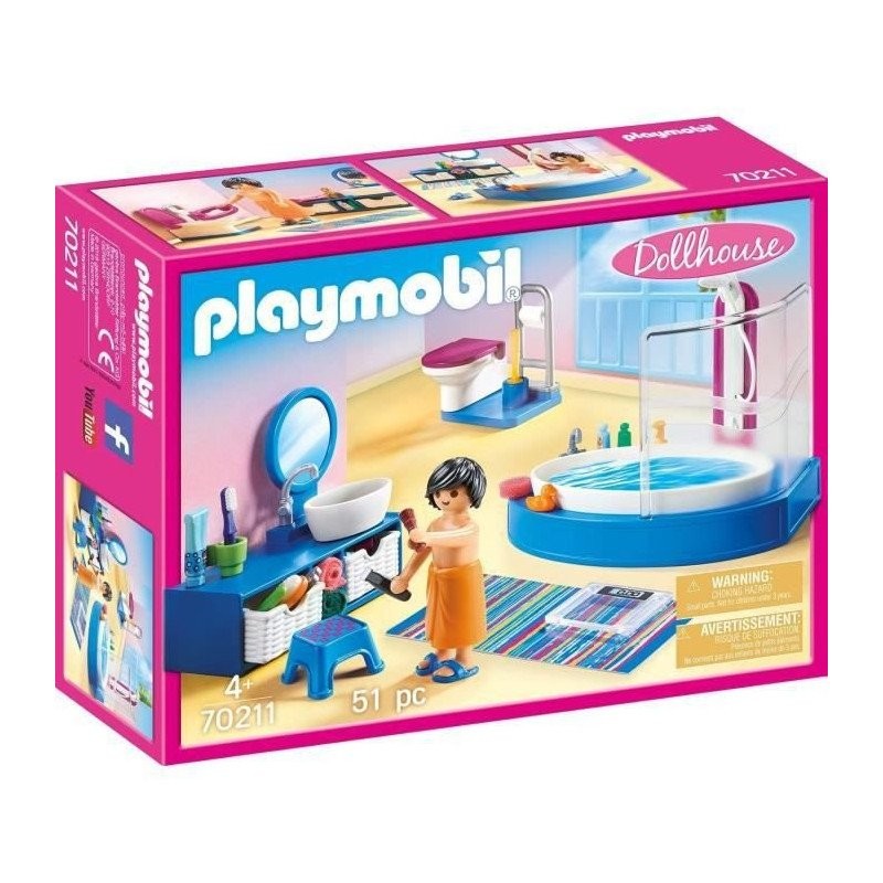 PLAYMOBIL 70211 Salle de bain avec baignoire jouet d'imitation Dollhouse Maison Traditionnelle