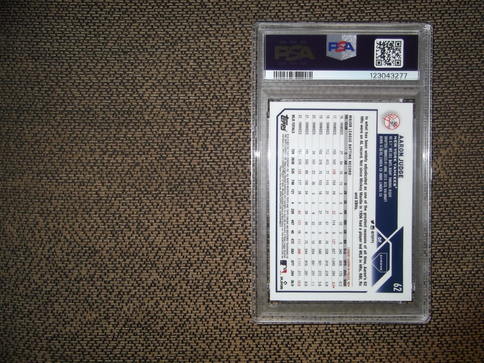 2023 TOPPS CHROME BASEBALL AARON JUDGE #62 SP-GREEN SPECKLE REFRACTOR /99 PSA 9 view 2