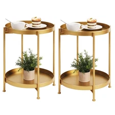 2 Pack Round End Table Mental Side Table Nightstand/Small Wood Tables Accent ...