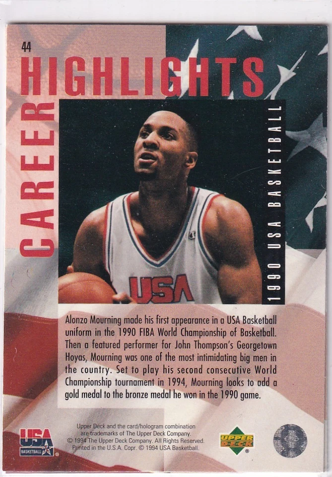 1994 Upper Deck USA Basketball N. 44 Alonzo Mourning Carriera Highlights - Immagine 2 di 2