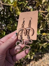 Copper Toned Crescent Moon Snake Dangle Hook Earrings