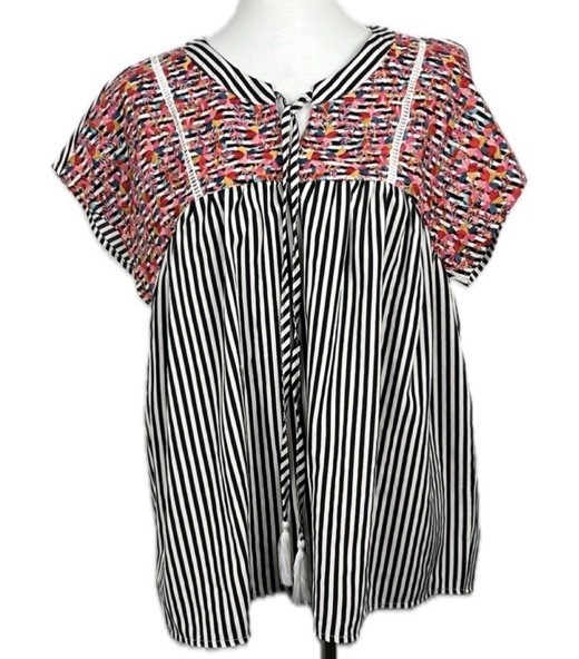 Savanna Jane Embroidered Striped Boho Peasant Top Womens Size L Free-Spirited Festival Style