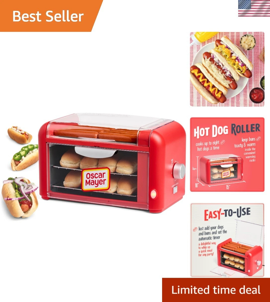 Oscar Mayer Extra Large 8 Hot Dog Roller & Bun Toaster Oven- Stainless Steel ...