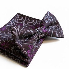 Men's Plum Purple Silver Floral Bow Tie  Pocket Square Set Prom Formal NEW