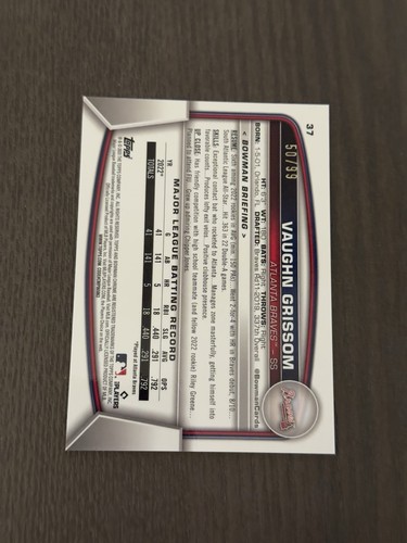 2023 Bowman Chrome Green Refractor /99 37 VAUGHN GRISSOM Baseball Card ROOKIE RC - Picture 2 of 2