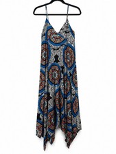 Boho Midi Dress Medallion Print Handkerchief Hem Spaghetti Strap M
