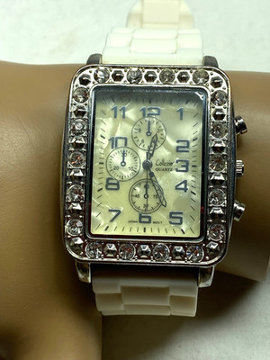 Collezio Quartz Watch MOP Face Bling Suround White Silicone Band Faux Cronograph