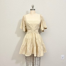 FREE PEOPLE Cross of Sunlight Mini Dress Womens S Beige Cut Out Tiered Babydoll