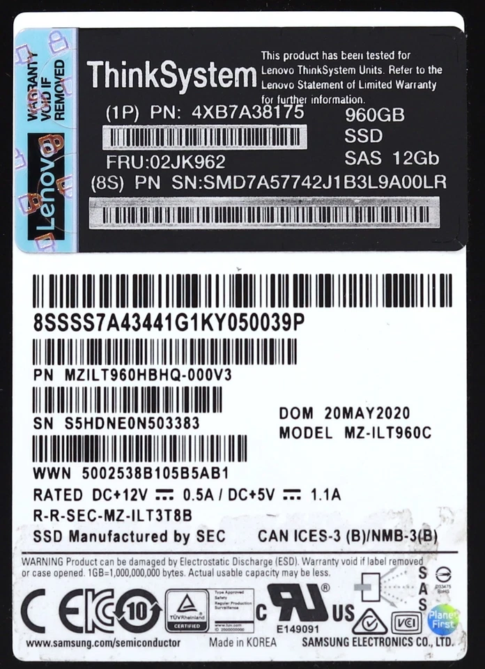 Lenovo MZ-ILT960C 960GB 2.5" 12Gb/s SAS SSD With Caddy FRU P/N: 02JK962 Tested - Image 2 of 2