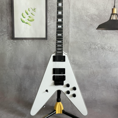 White Flying V Electric Guitar Solid Black Fretboard FR Bridge