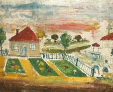 Vintage impressionist oil painting landscape house garden