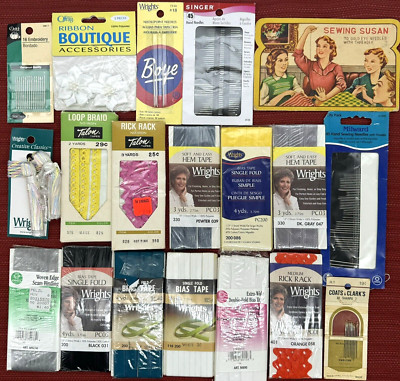 LOT Vintage Bias Tape & Sewing Needles Wrights Talon Coats Milward Singer Dritz