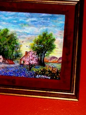 Bluebonnet Landscape in Light Rural Houses Fence Cactus Birds Blooming Trees VTG