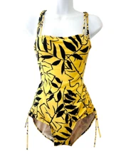 Vintage 1970s Gabar Stylish yellow swimsuit with black leaf print Fits XS