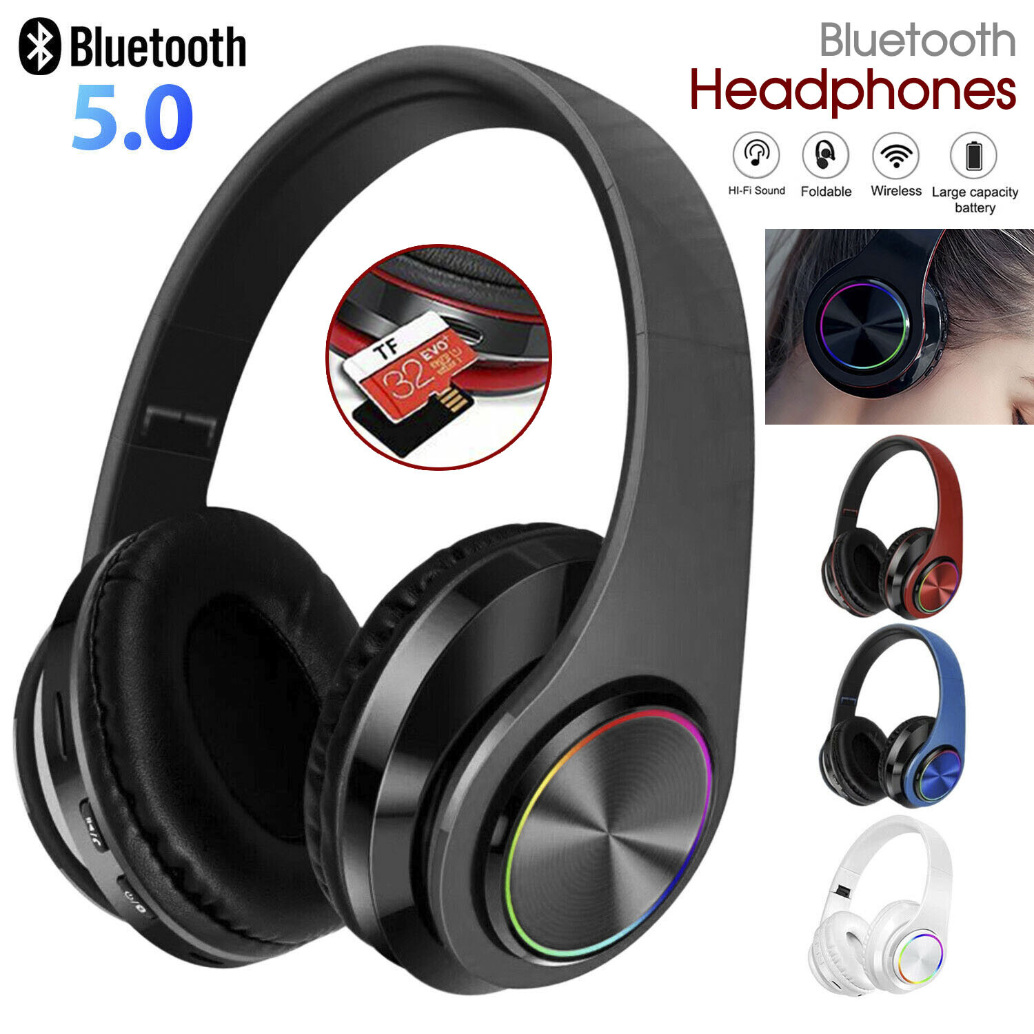 Bluetooth 5.0 Wireless Stereo Headphones Earphones For iPad Phone IOS