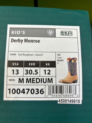 Ariat Derby Monroe Little Kids Sz 13 M Tan Roughout Inkwell Buckaroo Cowboy Boot - Picture 9 of 9