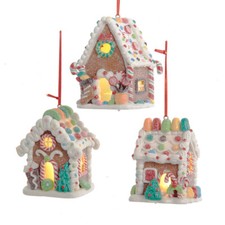 KURT ADLER SET OF 3 CLAYDOUGH B/O LED GINGERBREAD CANDY HOUSE ORNAMENTS D4043