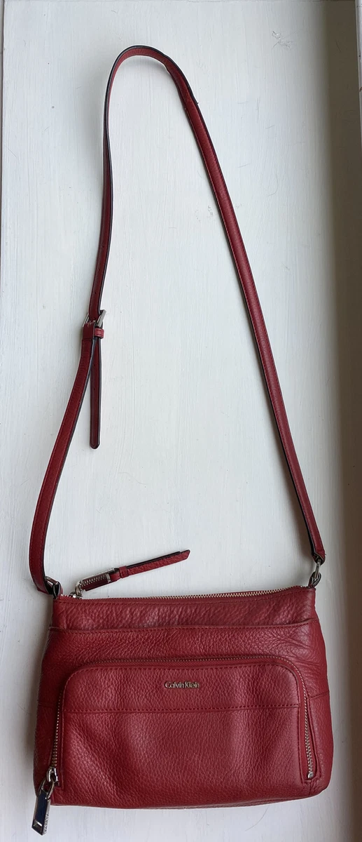 Calvin Klein L-Classic Red Medium Zip Pebble Leather Shoulder/Crossbody  Purse