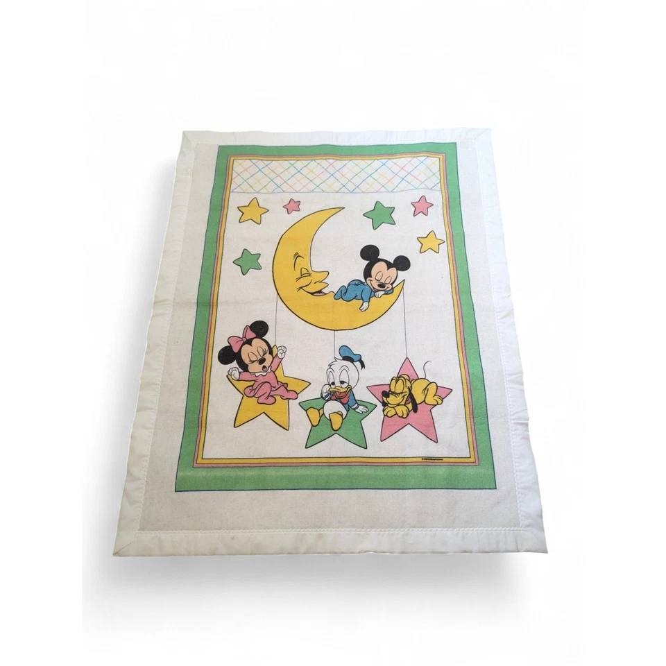 Manta de cuna vintage 1985 Disney Babies Mickey Mouse Donald Pluto estrellas luna Foto 2 de 4
