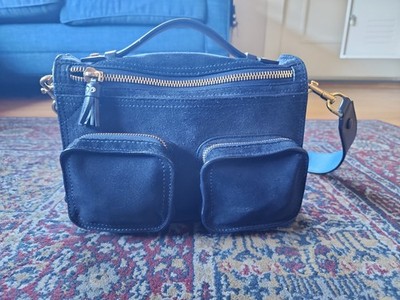 Anya Hindmarch Small Navy Blue Suede Ripley Satchel with Leather Strap