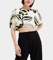 Desigual Damen Bluse Crop Top Weiß Floral Leinen Baumwolle Gr. M 22WWBWX2