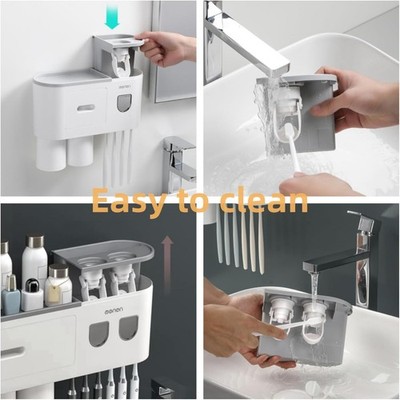 Automatic Toothpaste Dispenser Set, No Drill Wall Mount with 6 Brush Hooks