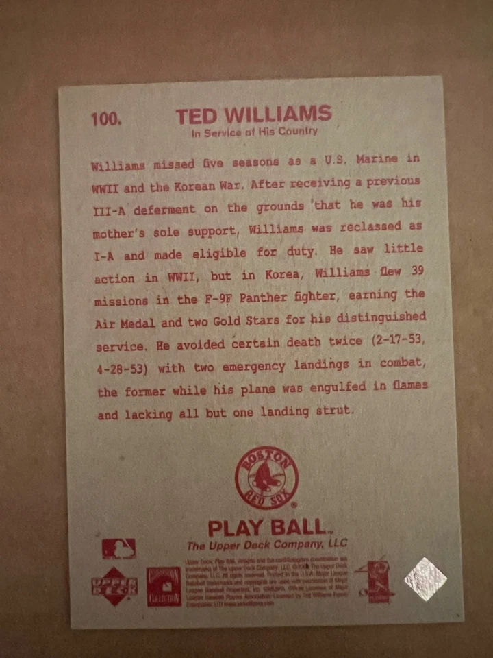 Ted Williams Tribute 2003 Upper Deck Play Ball #100 Boston Red Sox HOF 🔥 - Image 2 of 2