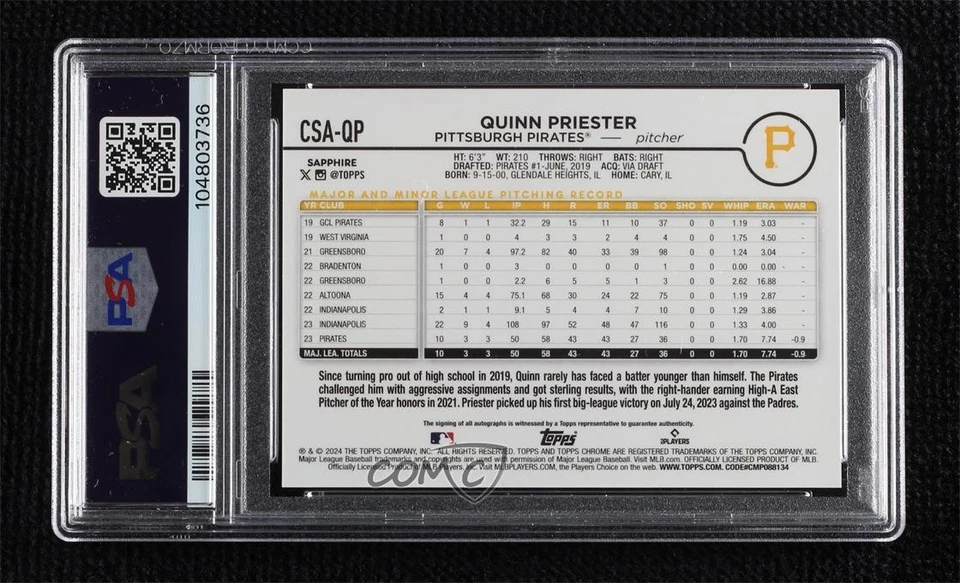 2024 Topps Chrome Sapphire Edition /199 Quinn Priester PSA 9 MINT Rookie Auto RC - Image 2 of 2