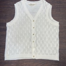 Vintage Devon Crochet Knit Button Front Vest Womens Medium Sleeveless Boho White