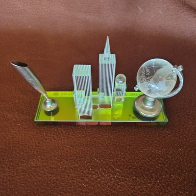 WORLD TRADE CENTER  Crystal Pen 9-11 DESK SET 70s Souvenir  New York VINTAGE 