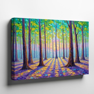 Colorful Forest Canvas Wall Art with Sunset Shadows Modern Landscape Print Decor