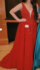 size 14 sherri hill, pageant gown, great quality, red w/ rhinestones and lace