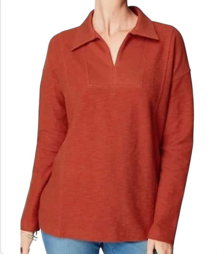 PURE J JILL Organic Cotton Knit Top POPOVER SHIRT w/COLLAR Rust Red/Orange XL