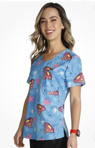 NWT Supergirl Cherokee Scrubs Tooniforms DC Rounded V Neck Top Large - Picture 2 of 3