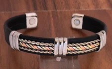 Solid Copper Leather Wrapped Magnetic Therapy Bracelet TwoTone Chain Cuff Bangle