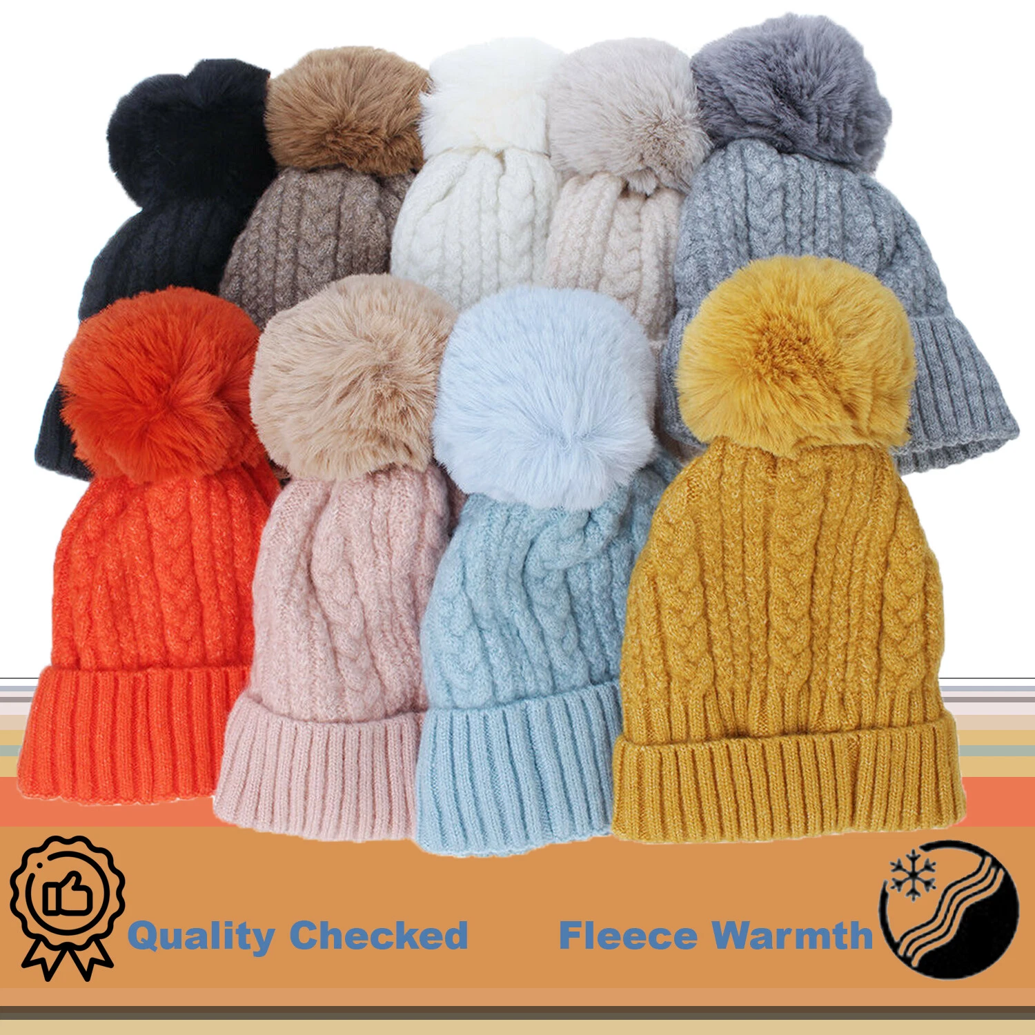 Warm Winter Soft Hat Beanie Pom-Pom Bobble Knitted Wool Fleece Lining UK
