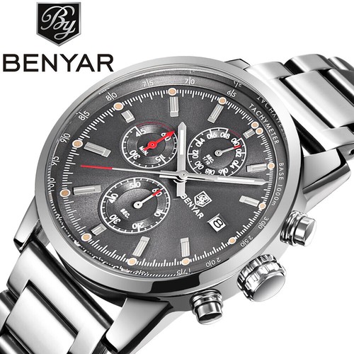 BENYAR Kalender Edelstahl Armband schwarz/grau Herren Business Quarz Armbanduhr - Bild 9 von 15