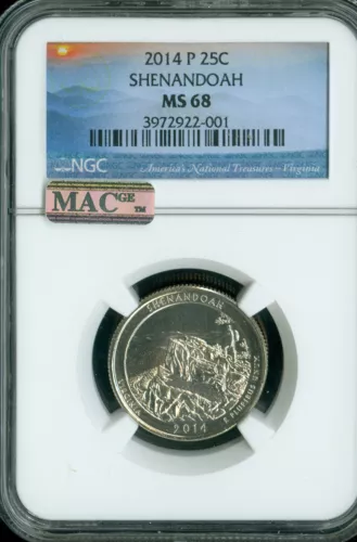 2014 P SHENANDOAH QUARTER NGC MS68 PQ MAC FINEST GRADE MAC SPOTLESS . 